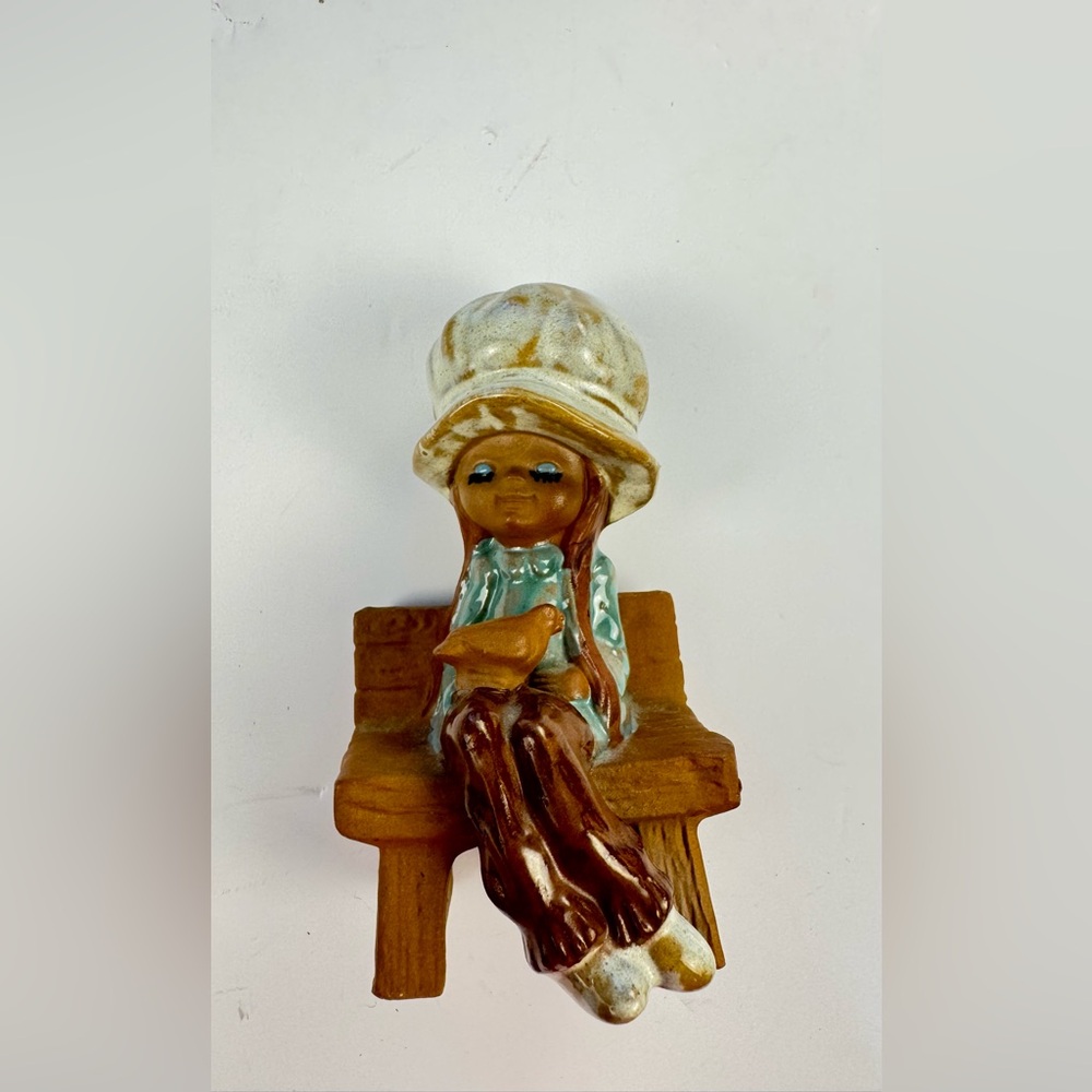 Vintage Hankyu Japan Charming Ceramic Big Hat Girl w/ Bird on bench figurine
